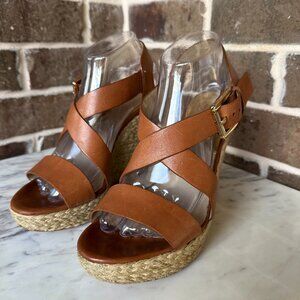 Michael Kors Giovanna Brown Leather Platform Espadrille Wedge Sandals Size 9.5